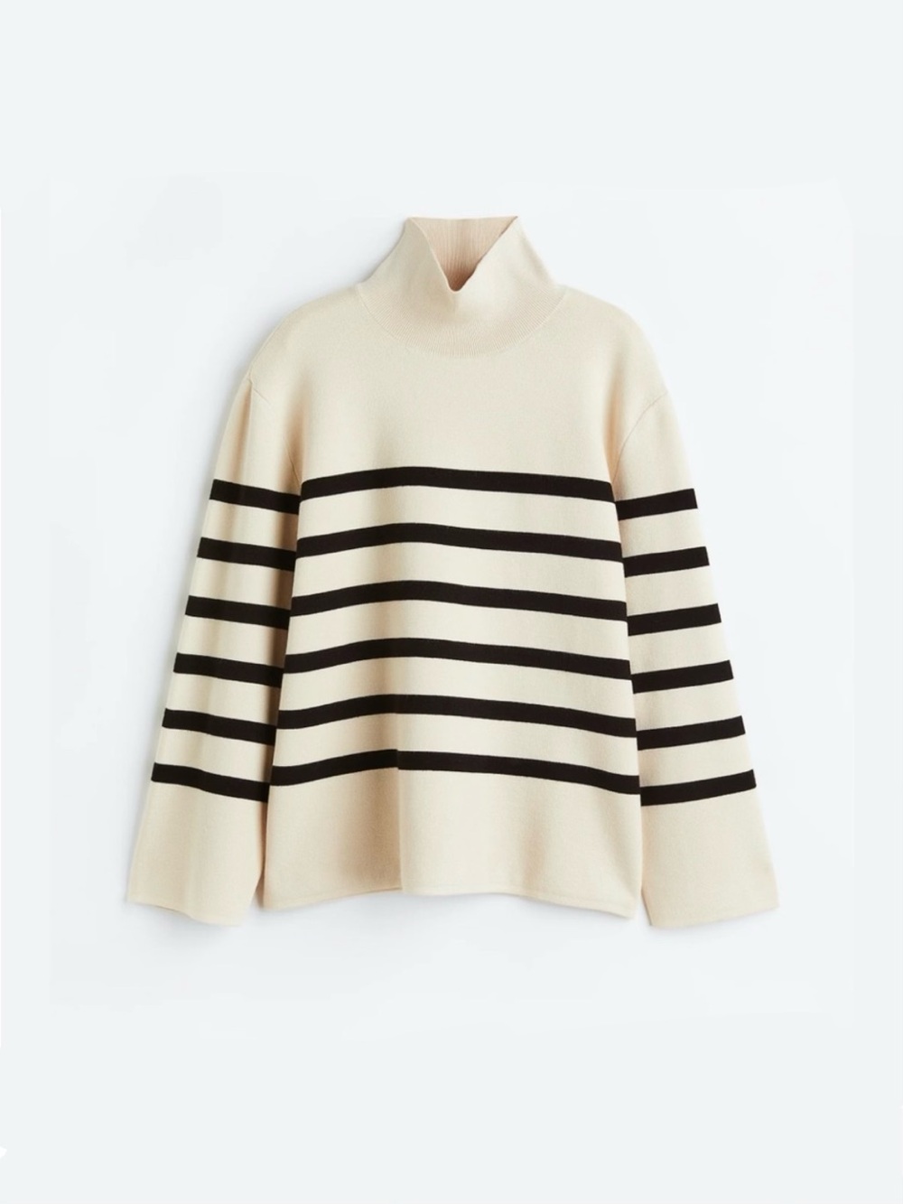 H&M Striped Wide-sleeve Mockneck Pullover Sweater in Black & Beige Size XS